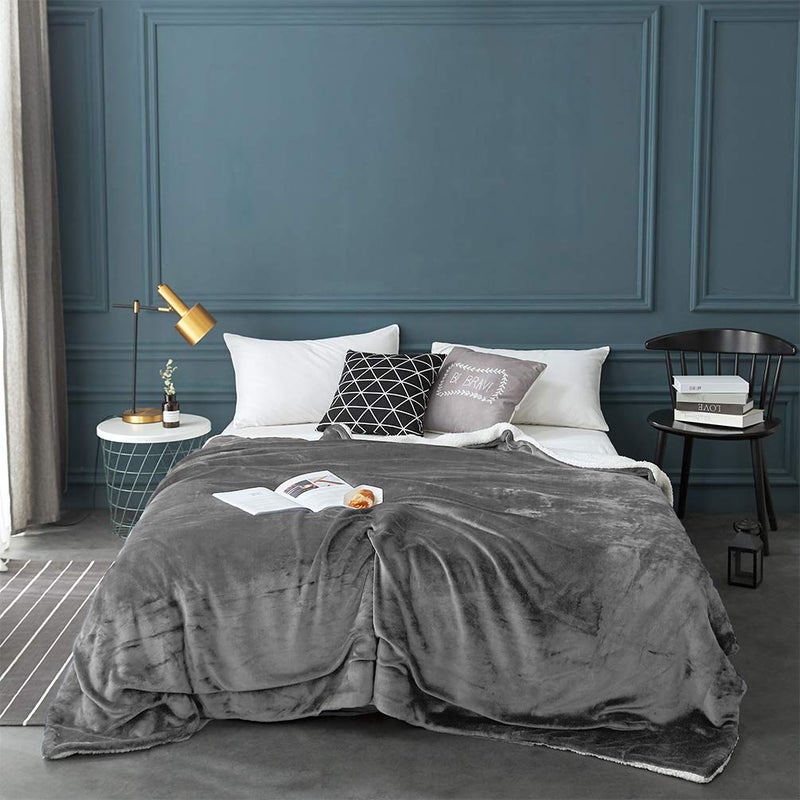 LBRO2M Sherpa Fleece Bed Blanket King Size Super Soft Fuzzy Plush Warm Cozy Fluffy Microfiber Couch Throw Velvet Double Reversible Luxurious Blankets,Grey - Image 2
